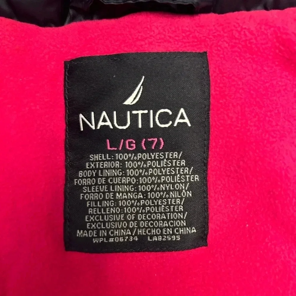 Nautica girls’ hooded quilted puffer jacket fleece  lining navy blue big button